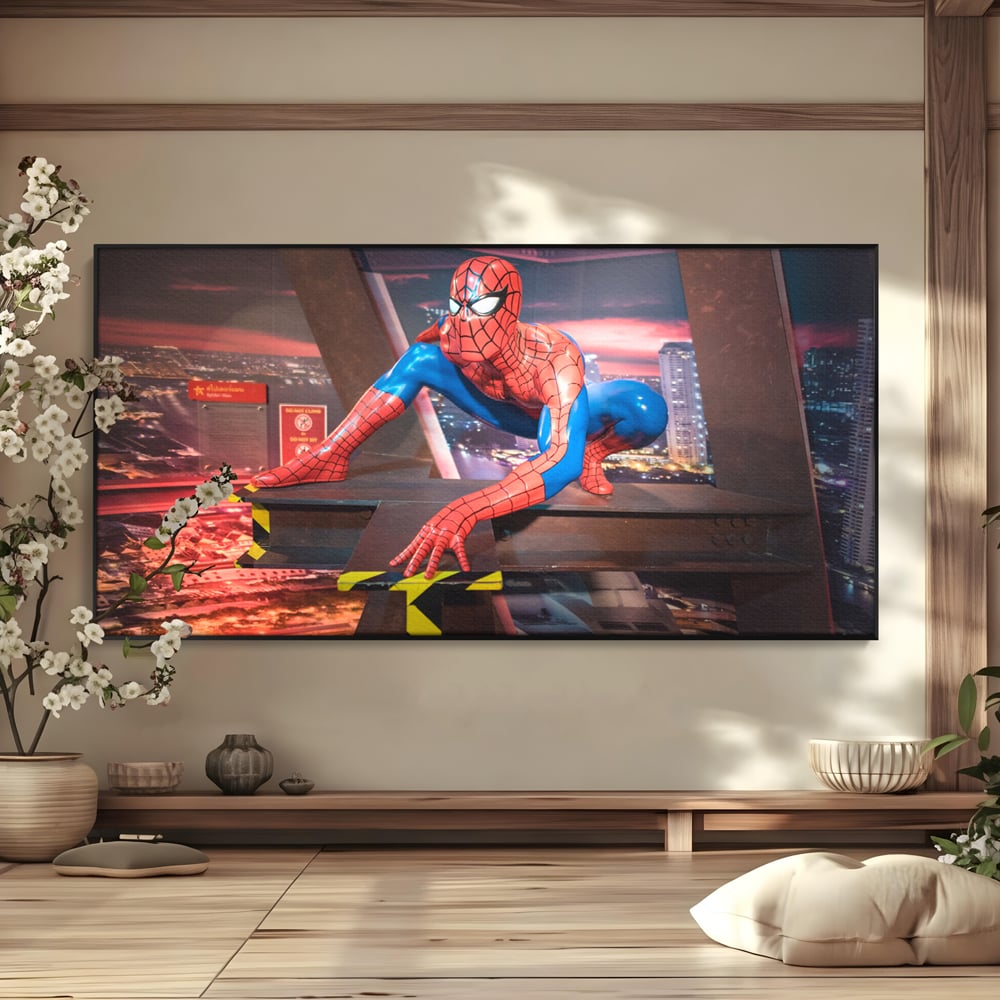 Tablou canvas cu tablou canvas cu figurina spider man, in rama de aluminiu negru